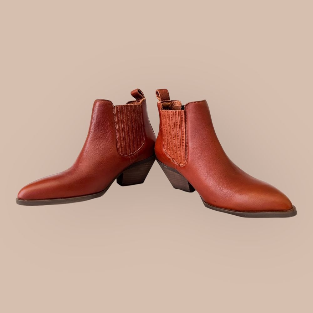 Patina Portland Leather Dakota Western Ankle Boots Pointed Toe Cognac